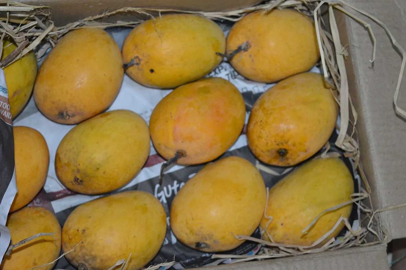 A tray of mangoes graded and laid out for buyers